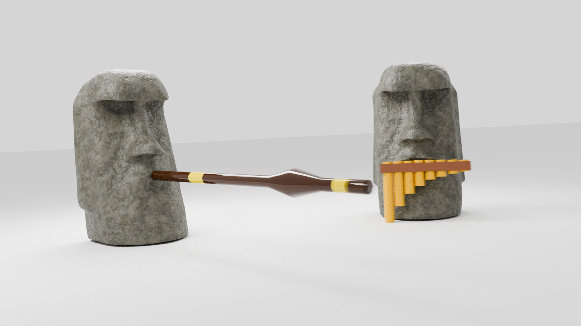 Two Moai statues playing a pan flute together
