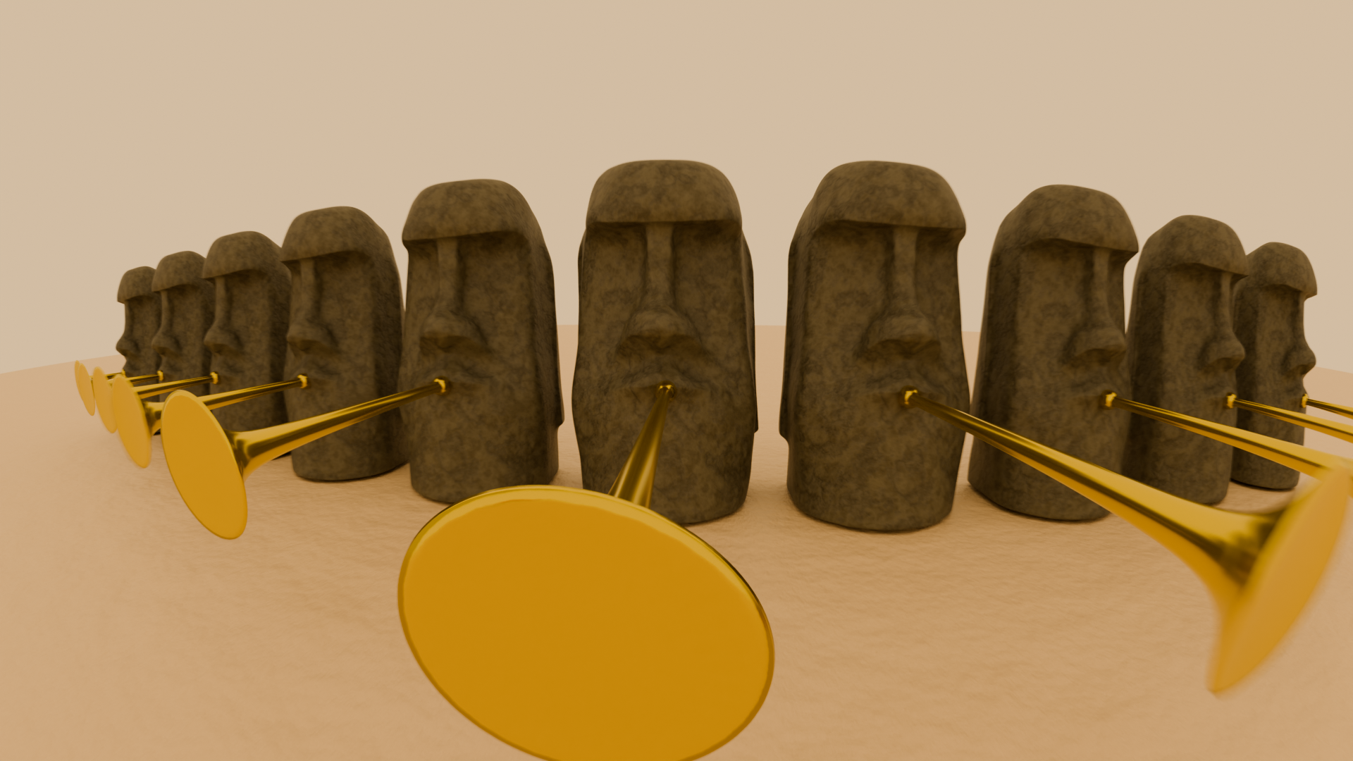 A line of Moai playing golden horns