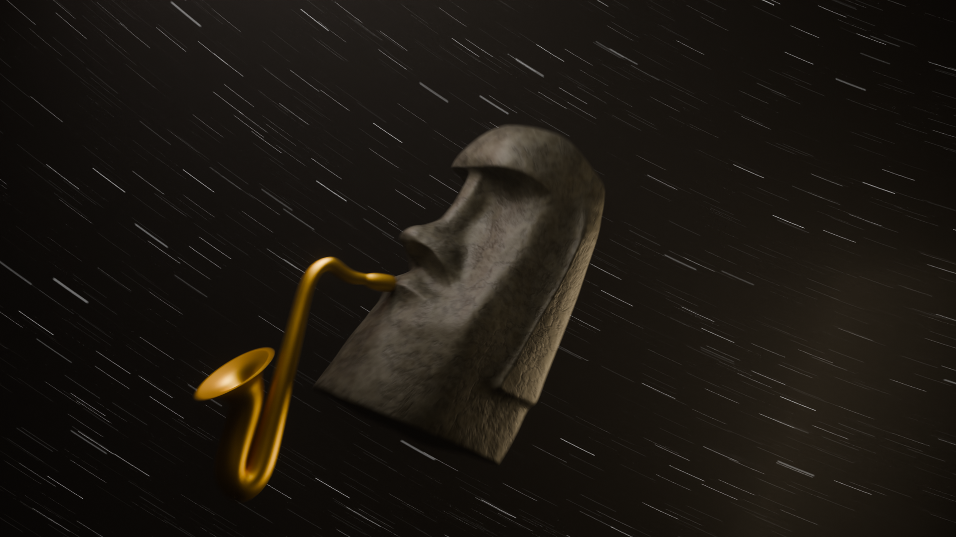 A Moai playing a golden horn against a starry background