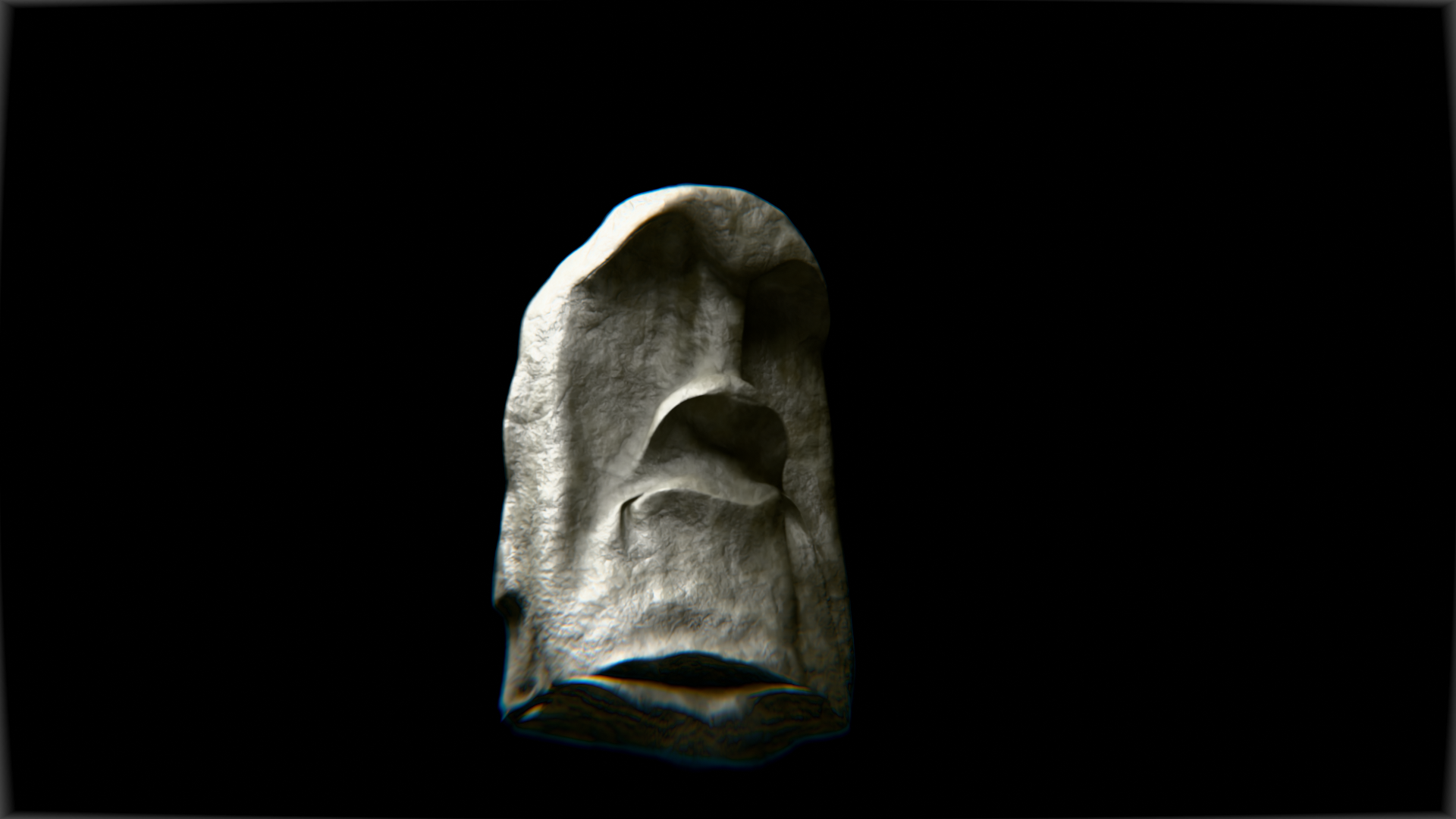 A bright stone Moai emerging from a dark background