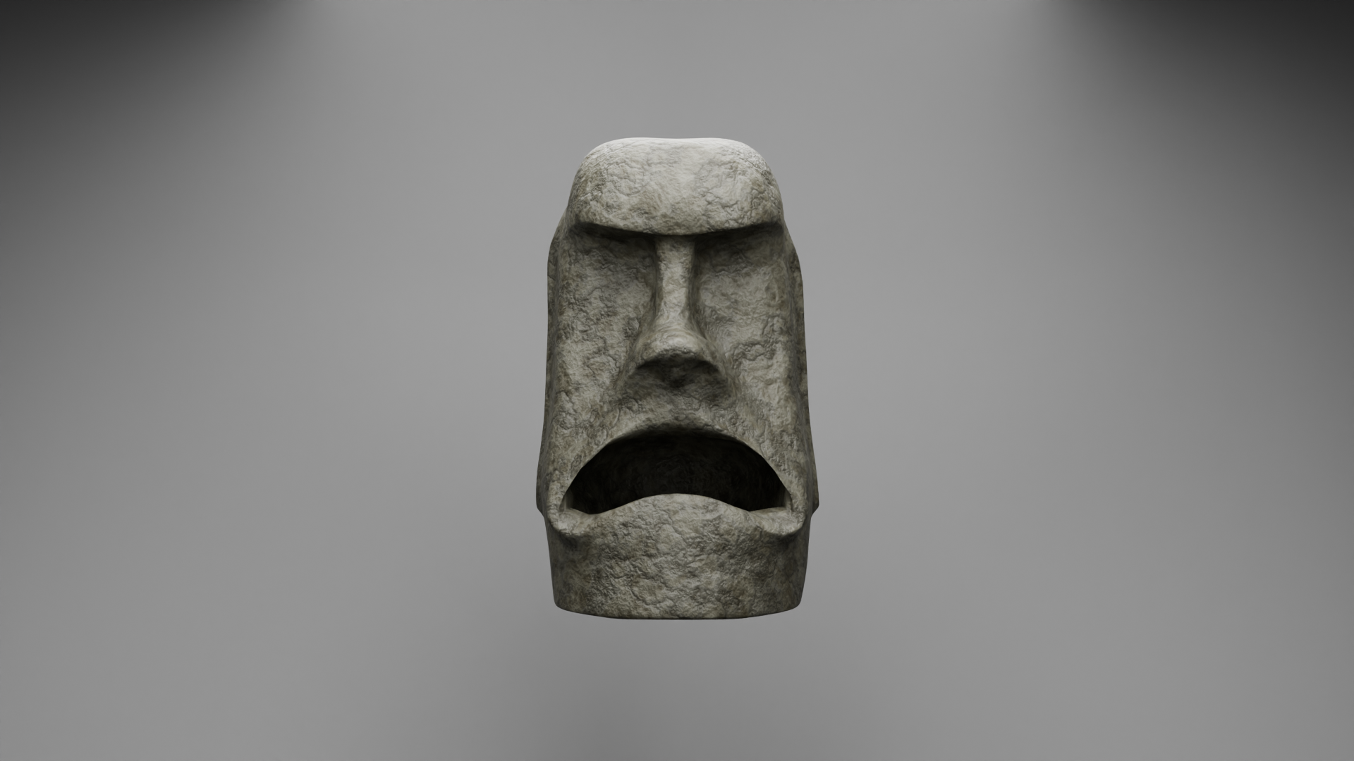 A stone Moai with its mouth open against a gray background